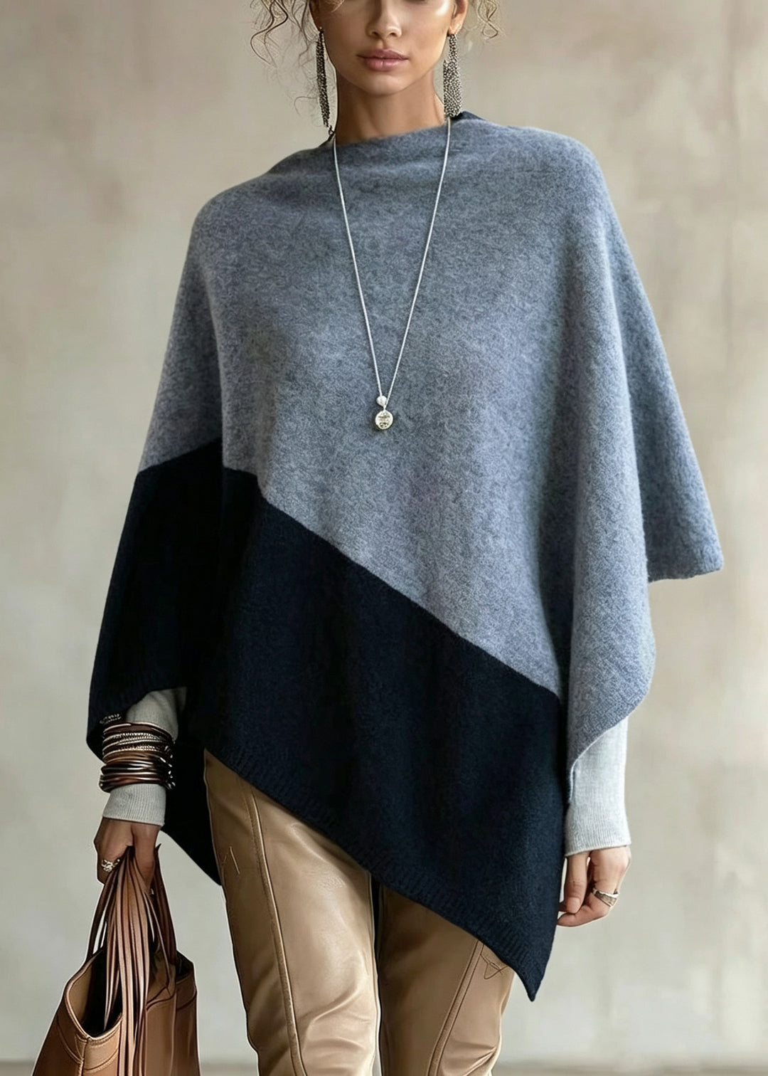 Women Colorblock Slash Neck Versatile Woolen Knit Cape Fall