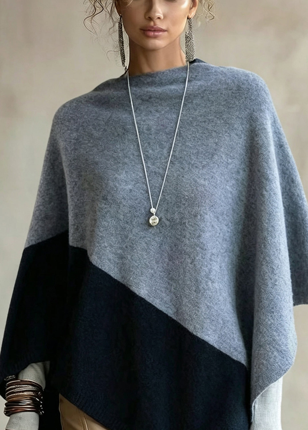 Women Colorblock Slash Neck Versatile Woolen Knit Cape Fall