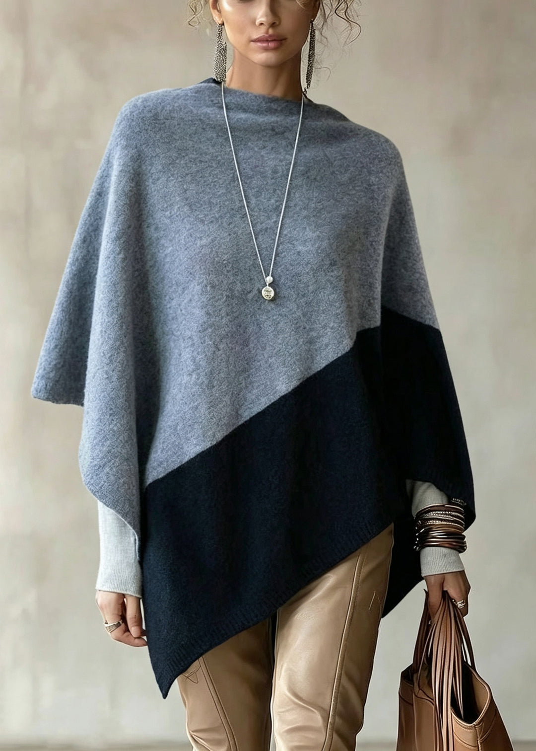 Women Colorblock Slash Neck Versatile Woolen Knit Cape Fall