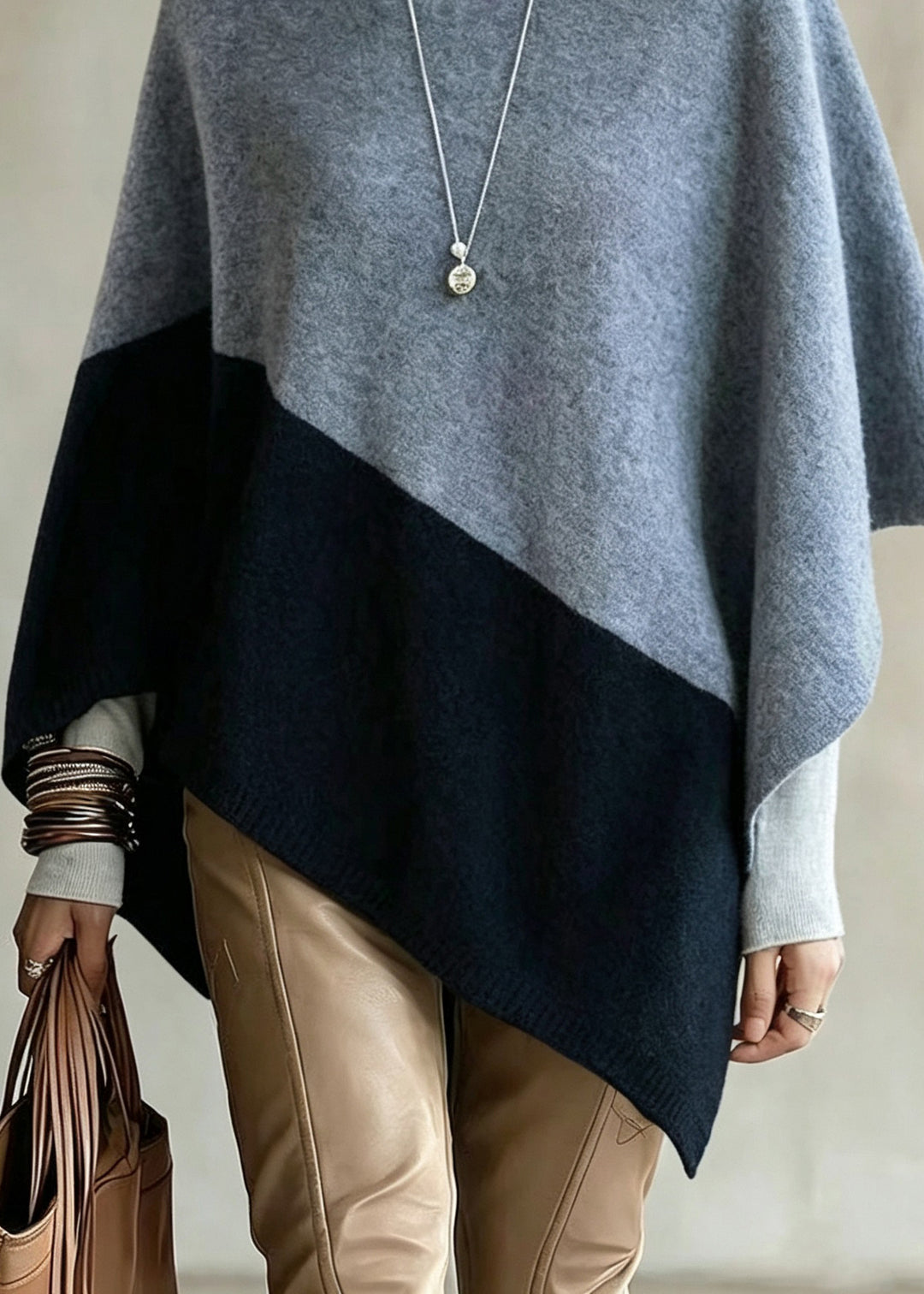 Women Colorblock Slash Neck Versatile Woolen Knit Cape Fall
