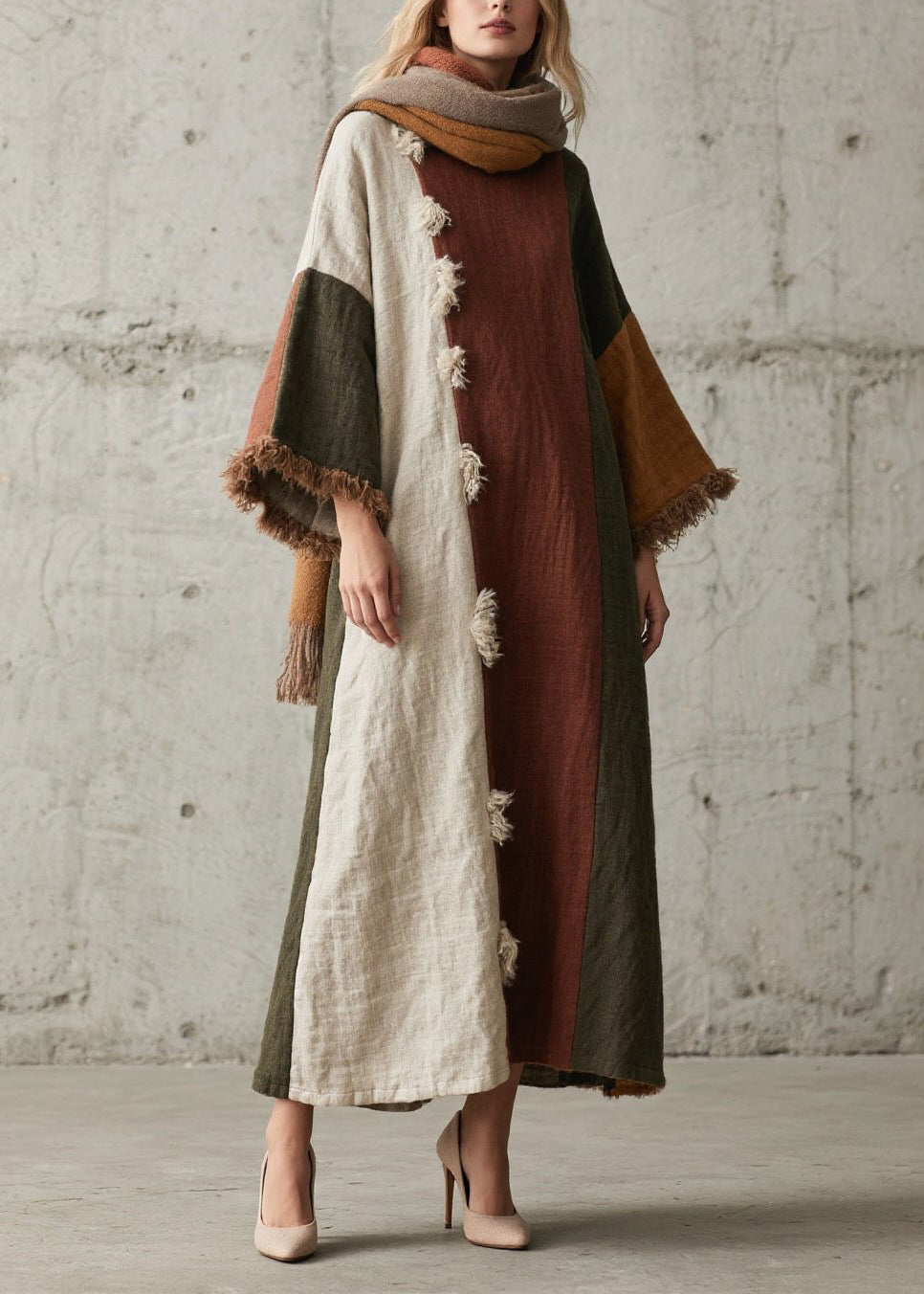 Women Colorblock Tassel Patchwork Cotton Long Dresses Fall