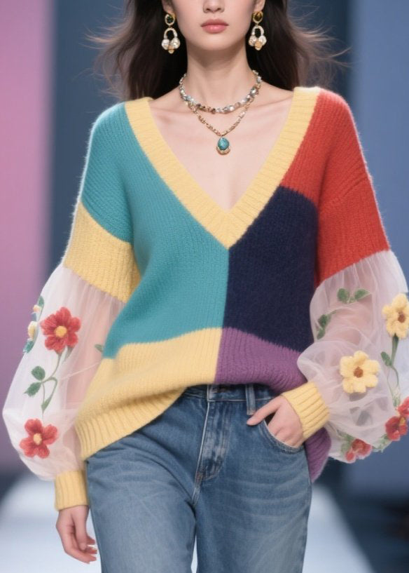 Women Colorblock Tulle Floral Patchwork Knit Pullover Fall