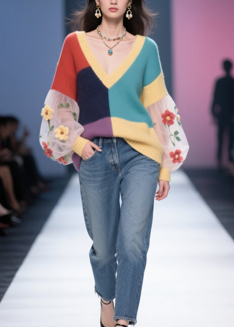 Women Colorblock Tulle Floral Patchwork Knit Pullover Fall