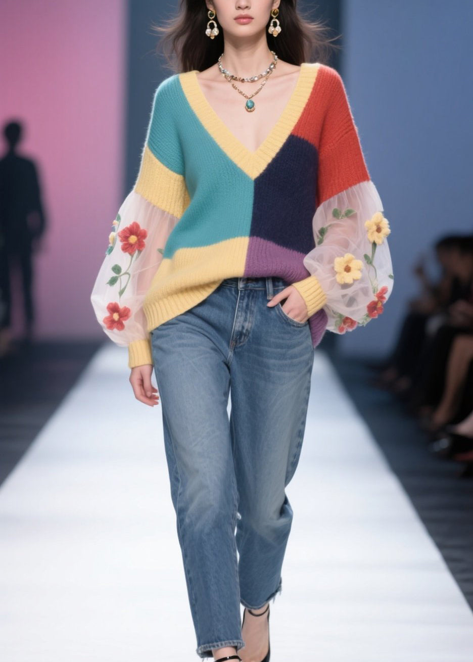 Women Colorblock Tulle Floral Patchwork Knit Pullover Fall