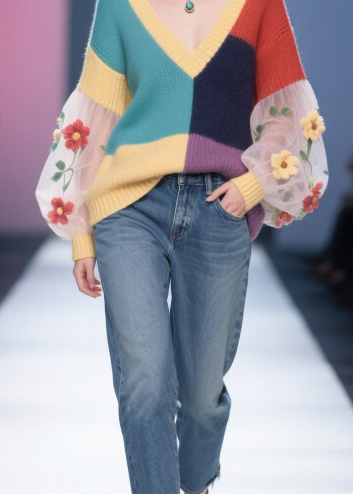 Women Colorblock Tulle Floral Patchwork Knit Pullover Fall