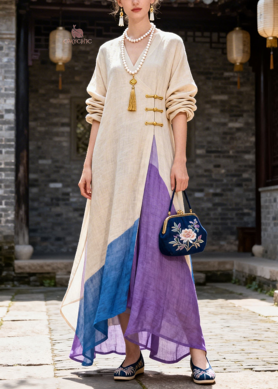 Women Colorblock V Neck Button Patchwork Cotton Dress Summer