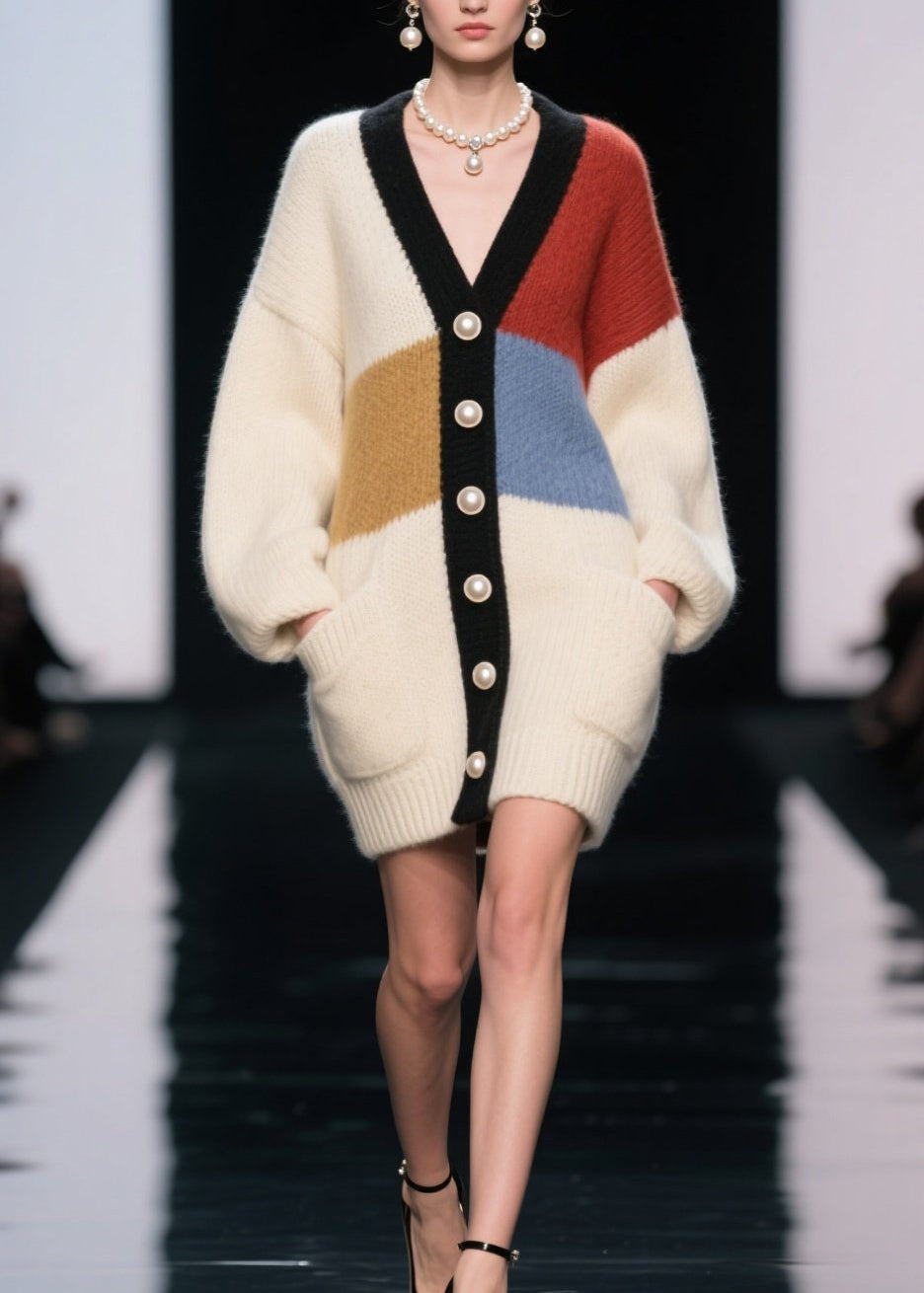 Women Colorblock V Neck Button Patchwork Knit Cardigan Fall