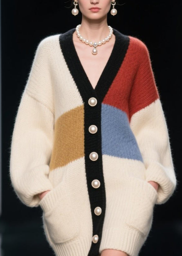 Women Colorblock V Neck Button Patchwork Knit Cardigan Fall