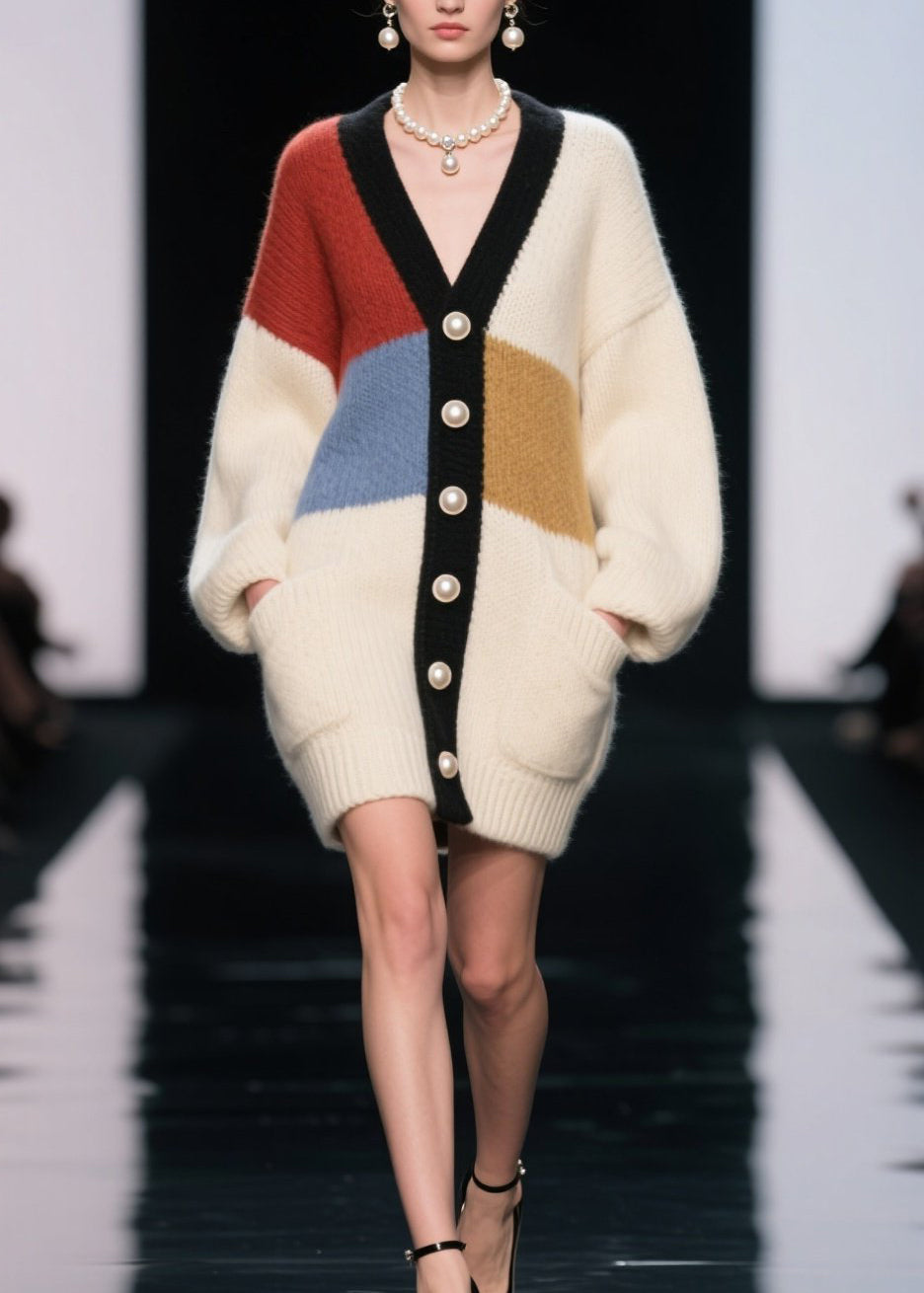 Women Colorblock V Neck Button Patchwork Knit Cardigan Fall