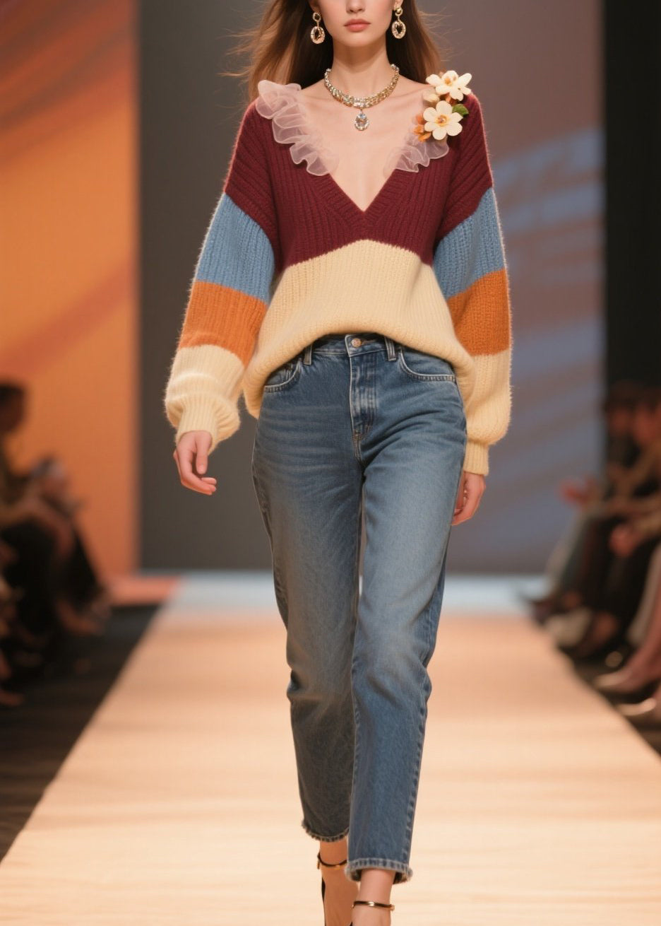 Women Colorblock V Neck Floral Knit Short Sweater Winter