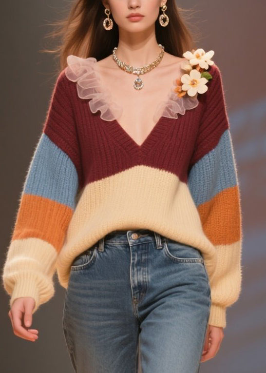 Women Colorblock V Neck Floral Knit Short Sweater Winter