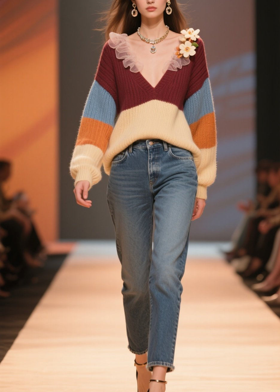 Women Colorblock V Neck Floral Knit Short Sweater Winter
