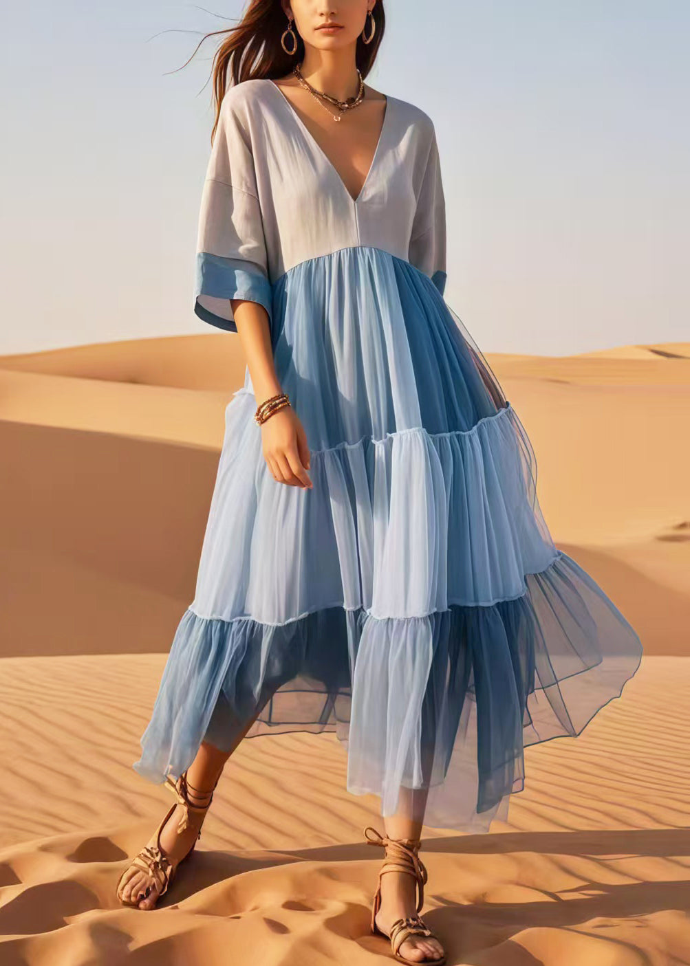 Women Colorblock V Neck Patchwork Cotton Dresses Summer