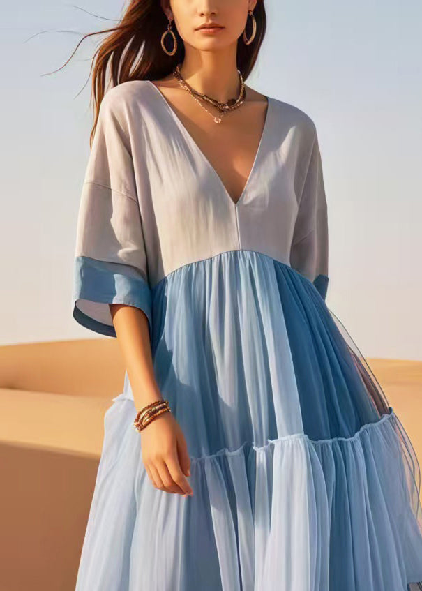 Women Colorblock V Neck Patchwork Cotton Dresses Summer