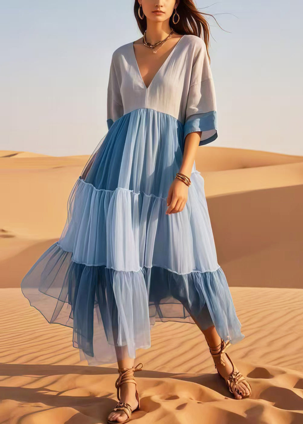 Women Colorblock V Neck Patchwork Cotton Dresses Summer