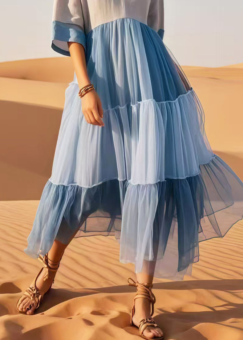 Women Colorblock V Neck Patchwork Cotton Dresses Summer