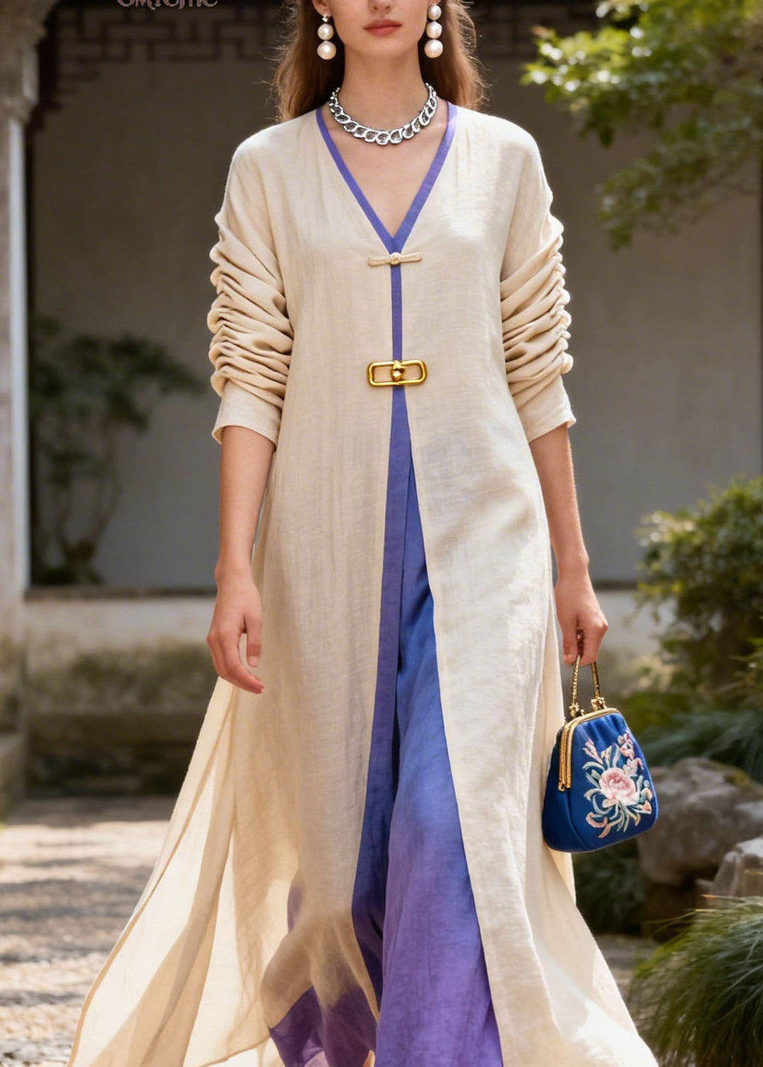 Women Colorblock V Neck Patchwork Cotton Long Dress