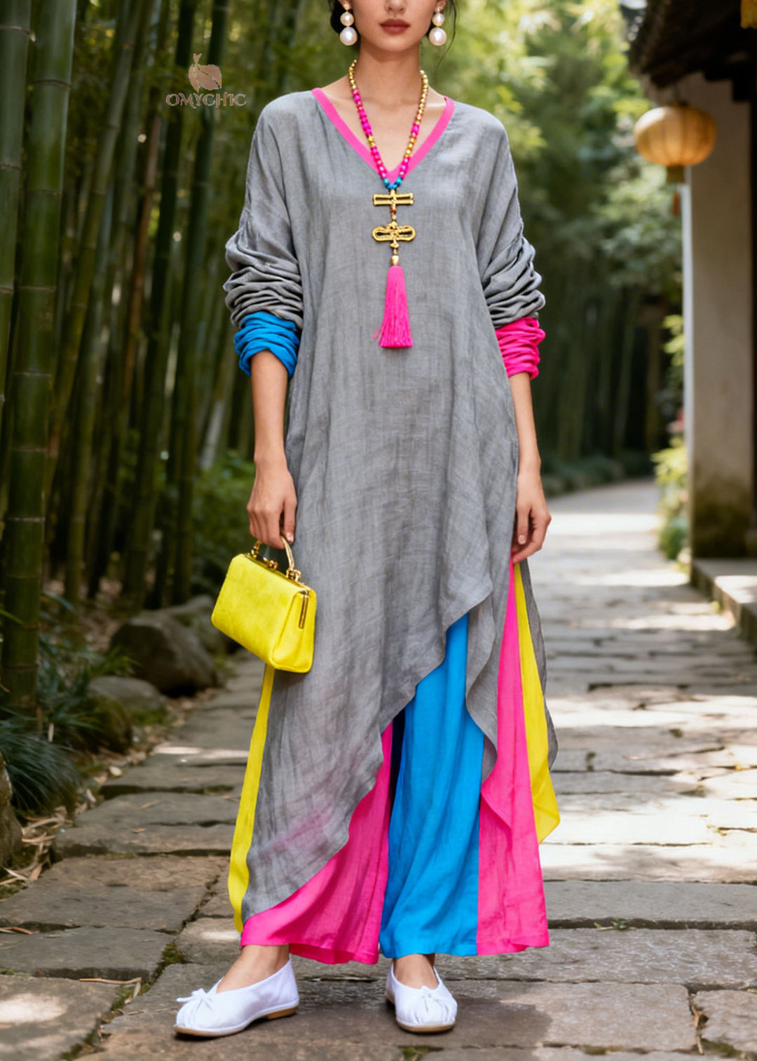 Women Colorblock V Neck Patchwork Cotton Maxi Dresses Summer
