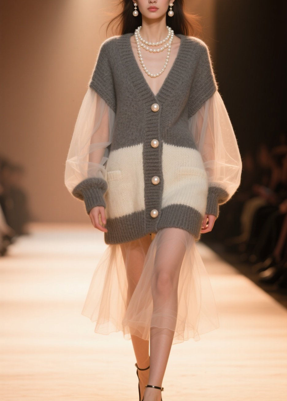 Women Colorblock V Neck Tulle Patchwork Knit Cardigans Fall