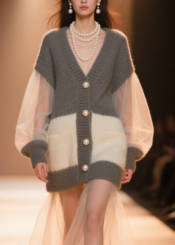 Women Colorblock V Neck Tulle Patchwork Knit Cardigans Fall