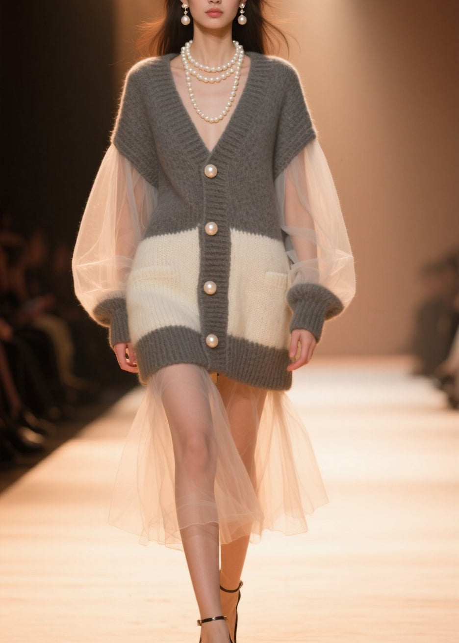 Women Colorblock V Neck Tulle Patchwork Knit Cardigans Fall