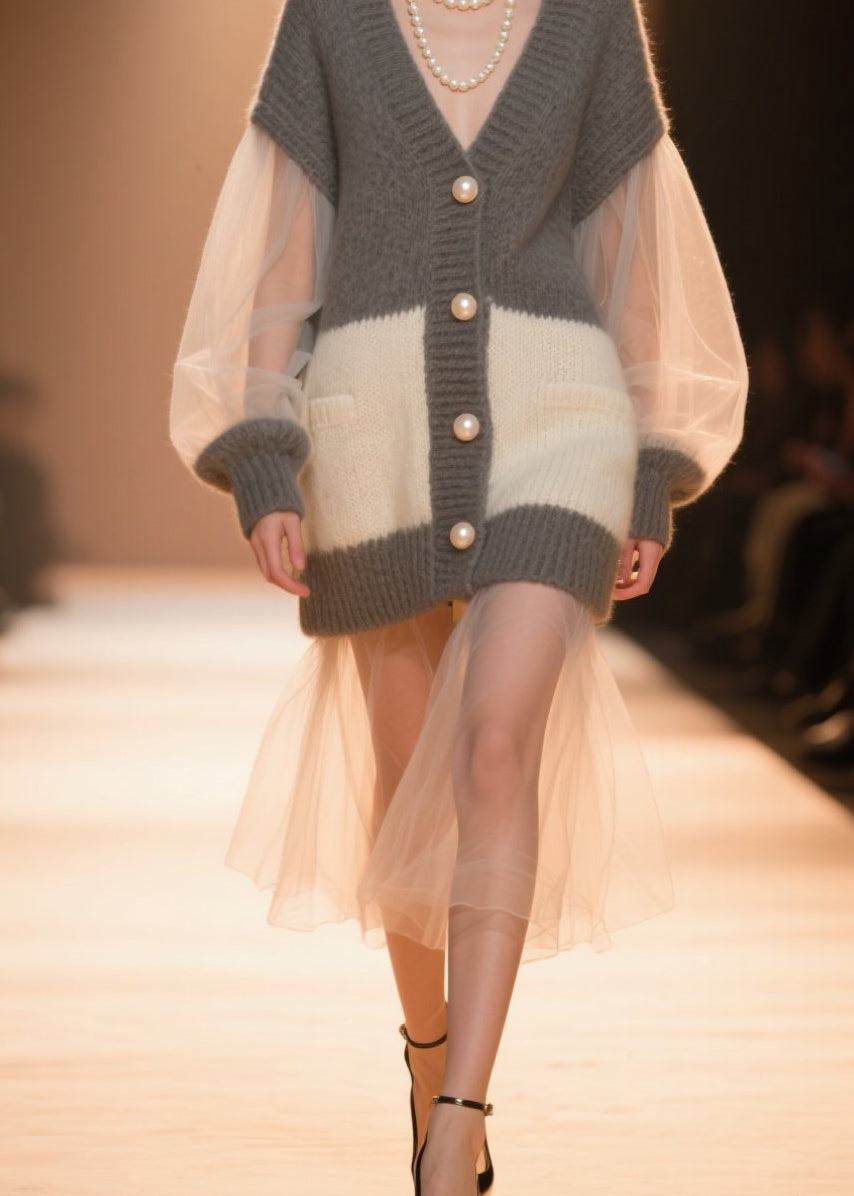 Women Colorblock V Neck Tulle Patchwork Knit Cardigans Fall