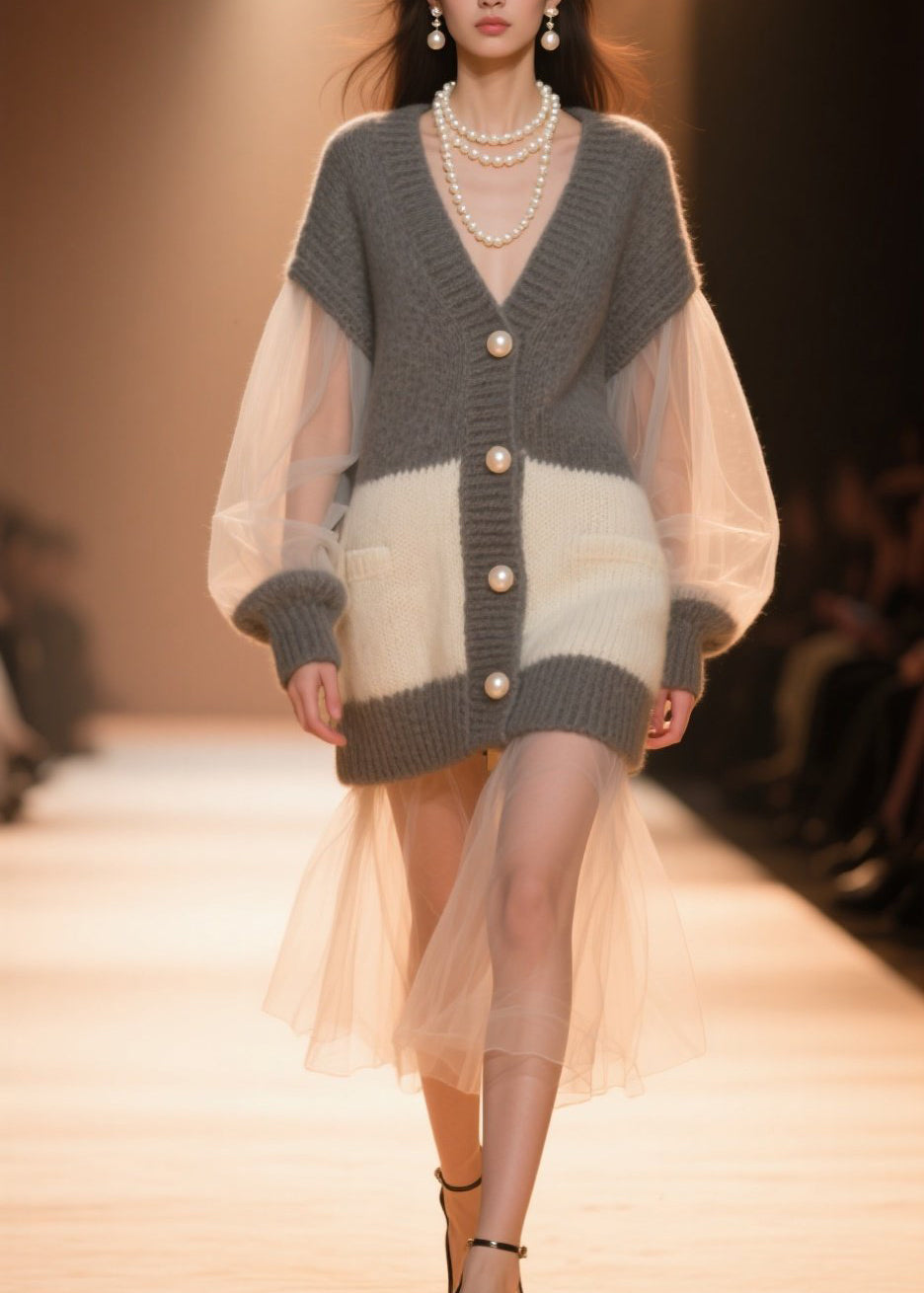 Women Colorblock V Neck Tulle Patchwork Knit Cardigans Fall