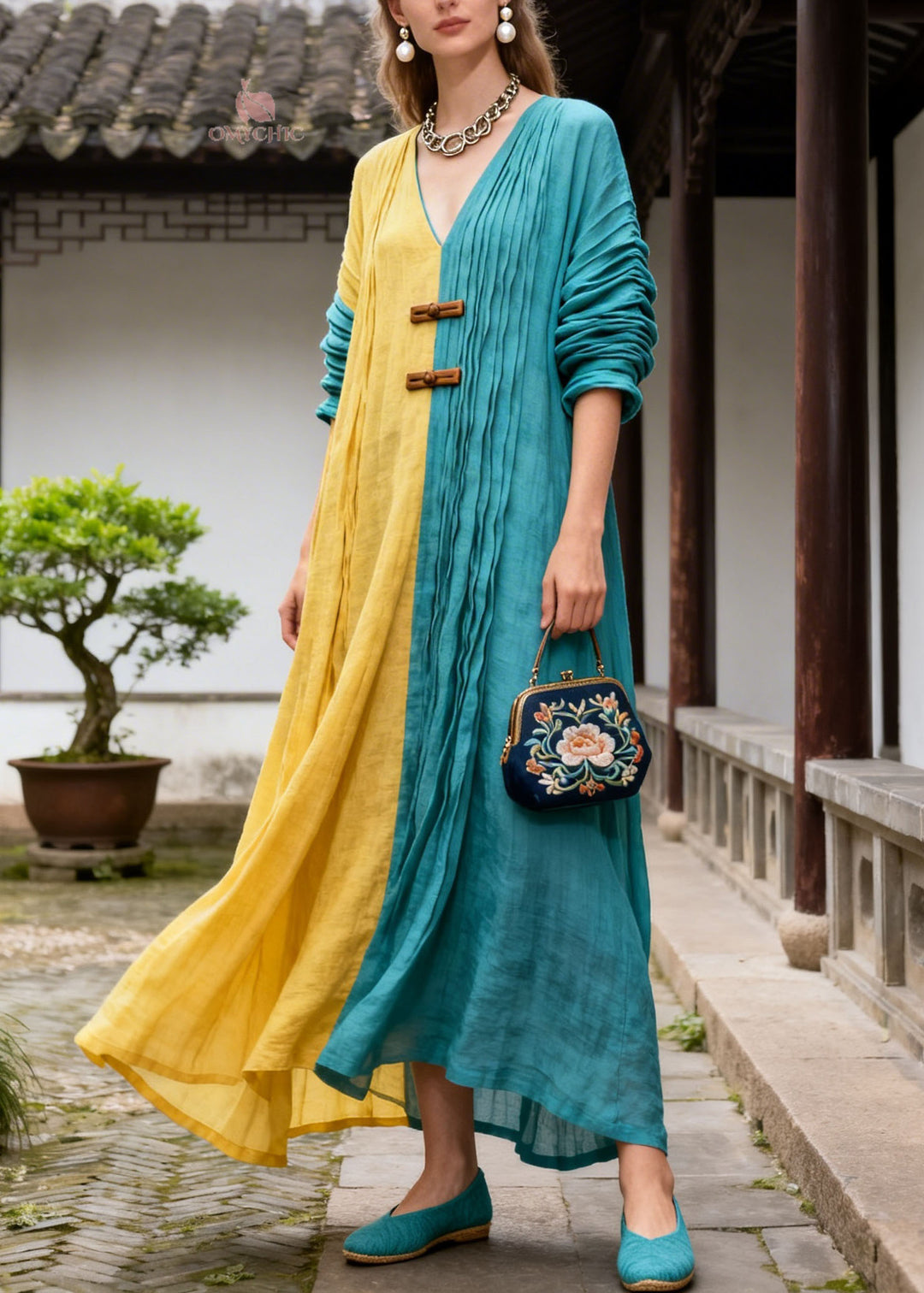 Women Colorblock V Neck Wrinkled Patchwork Cotton Dresses Summer