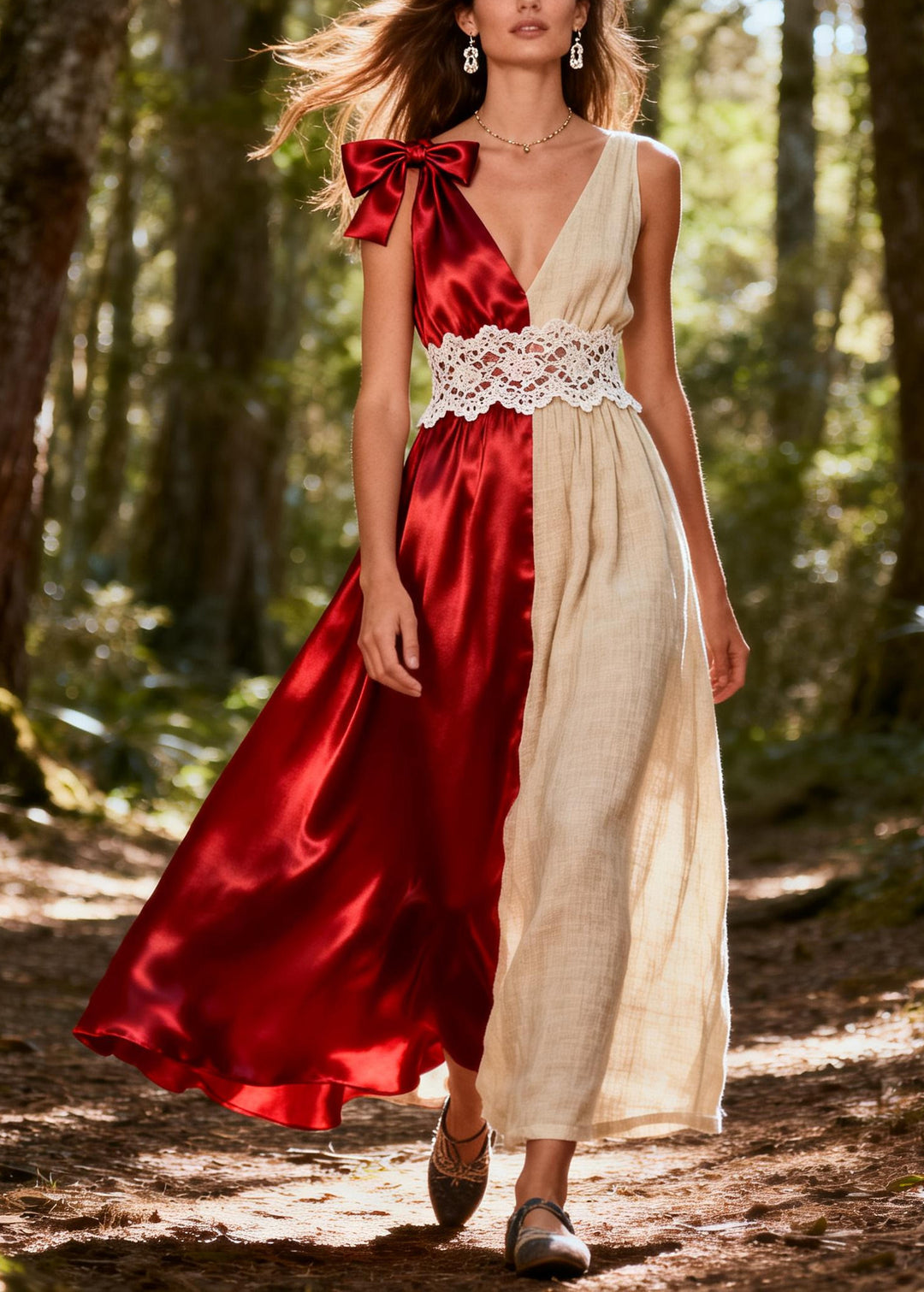 Women ColorblockC Asymmetrical Patchwork Bow Silk Vacation Dresses Summer