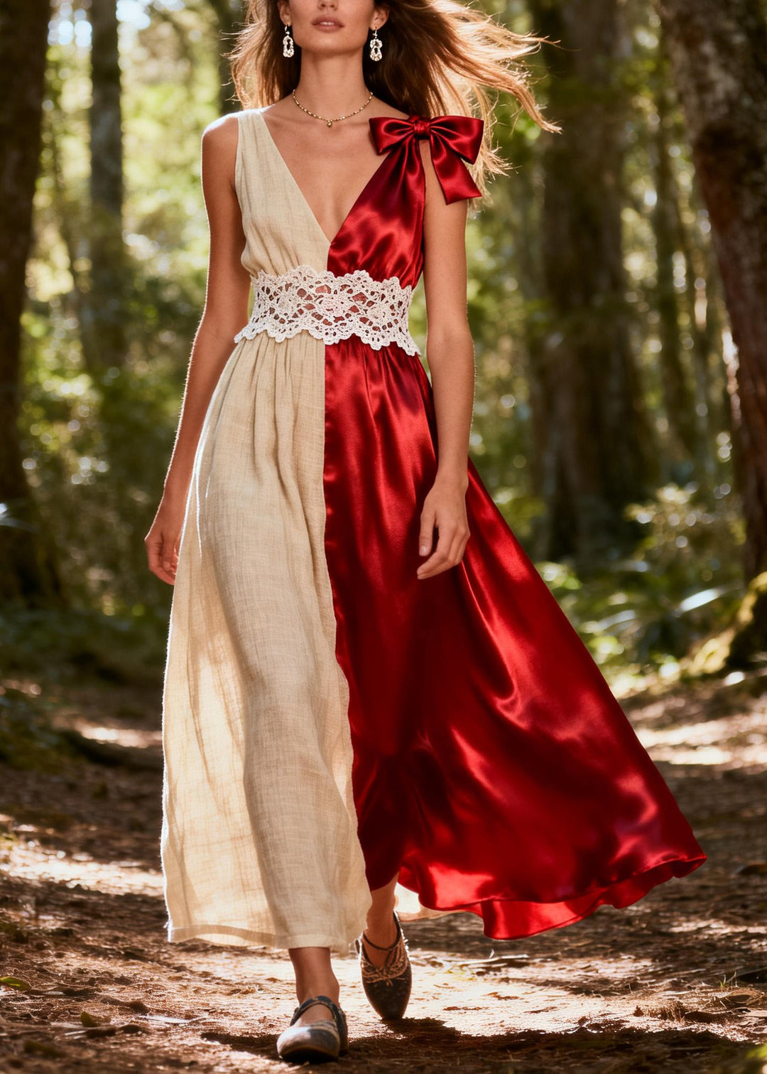 Women ColorblockC Asymmetrical Patchwork Bow Silk Vacation Dresses Summer