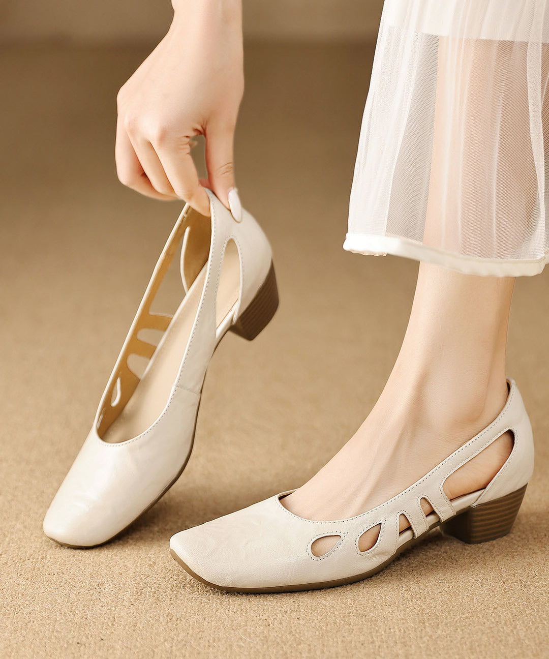 Women Comfy Black Hollow Out Chunky Heel Sheepskin