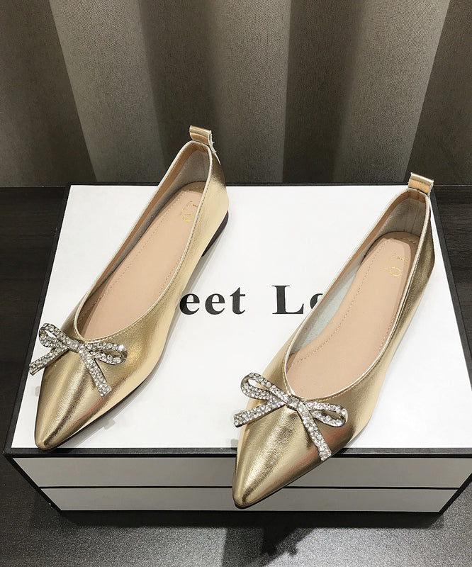 Women Comfy Bow Splicing Flat Shoes Gold Faux Leather Pointed Toe