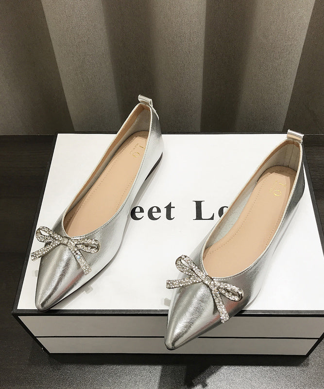 Women Comfy Bow Splicing Flat Shoes Gold Faux Leather Pointed Toe