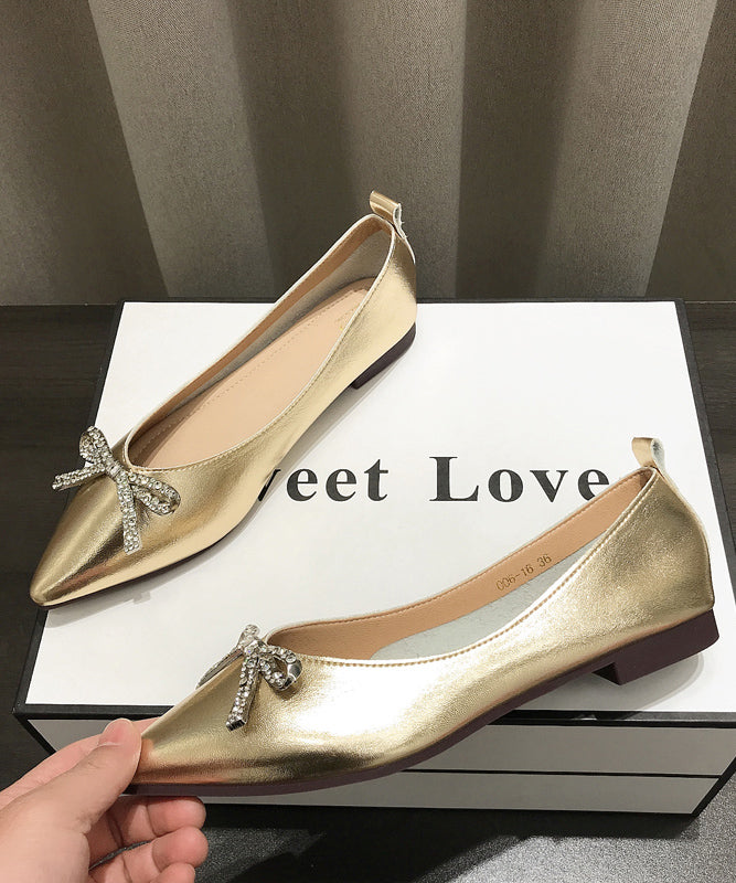Women Comfy Bow Splicing Flat Shoes Gold Faux Leather Pointed Toe
