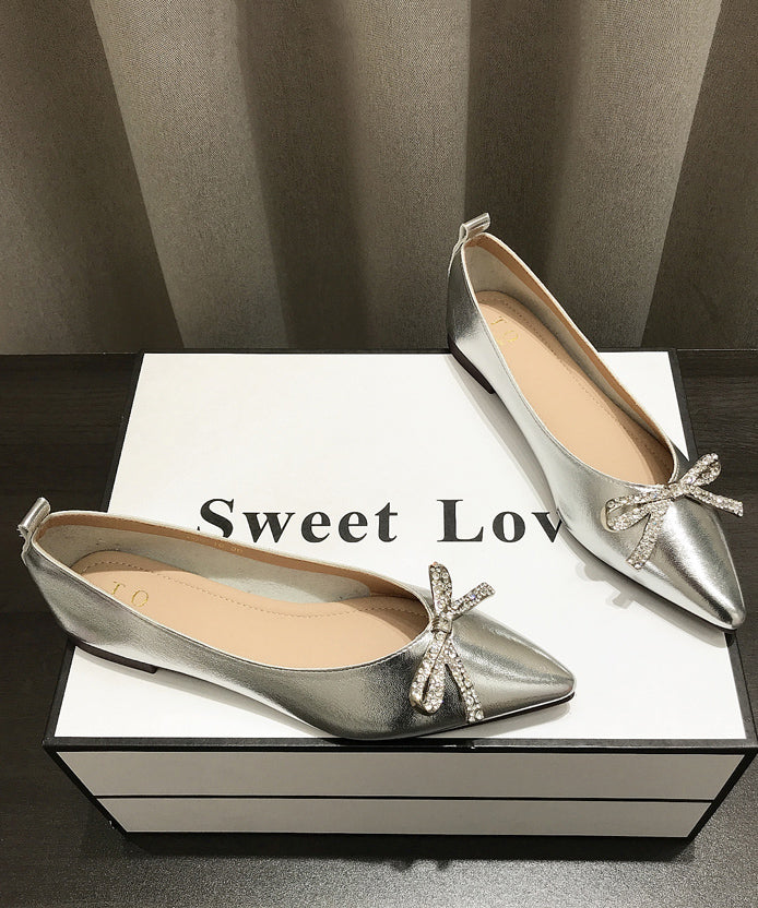 Women Comfy Bow Splicing Flat Shoes Gold Faux Leather Pointed Toe