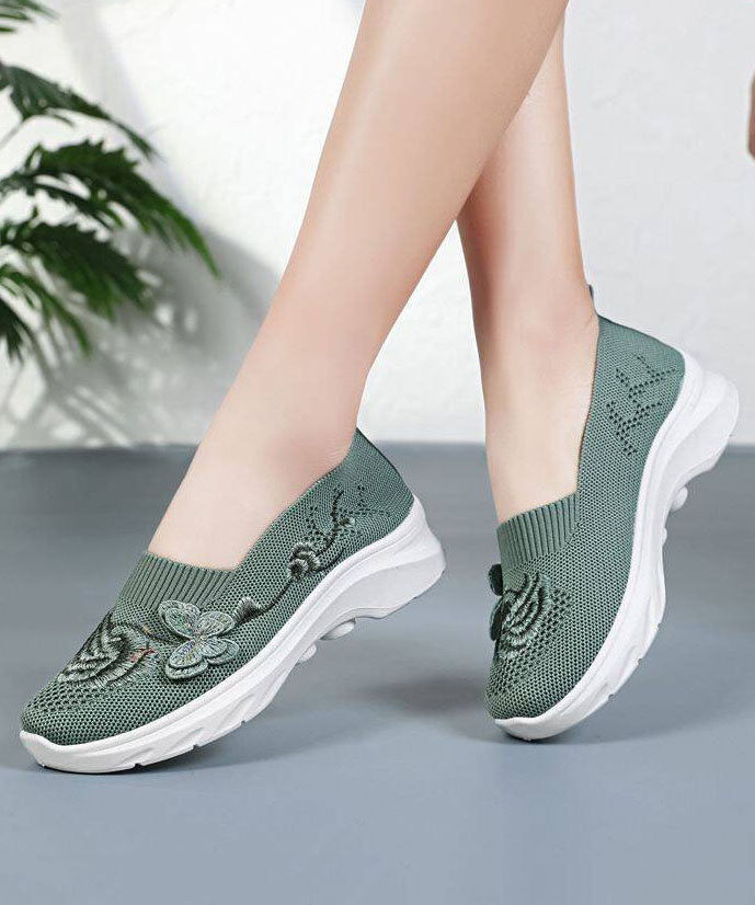 Women Comfy Embroidered Flat Shoes Green Breathable Mesh