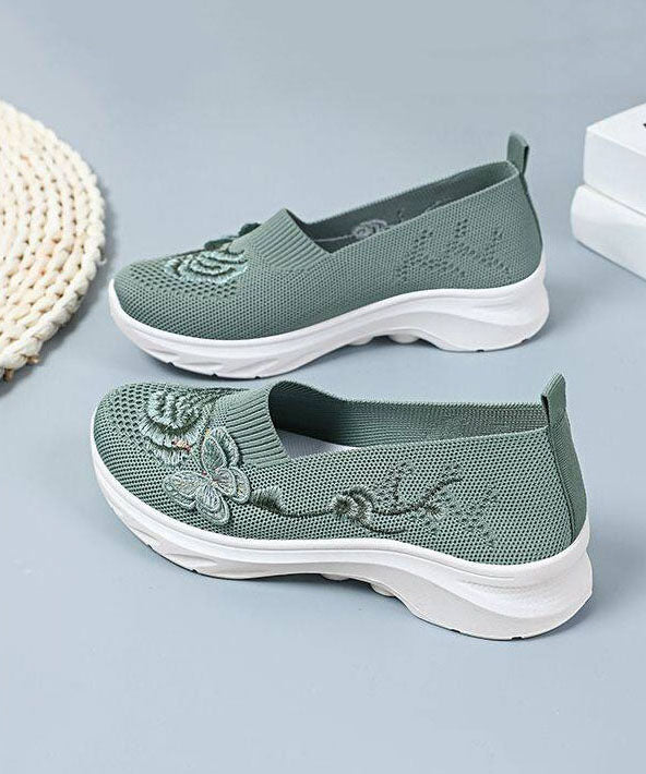 Women Comfy Embroidered Flat Shoes Green Breathable Mesh