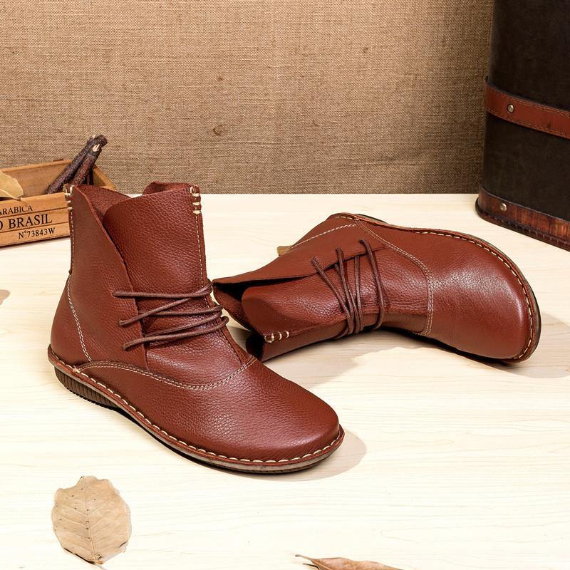 Women Cross Strap  Khaki Cowhide Leather Ankle Boots