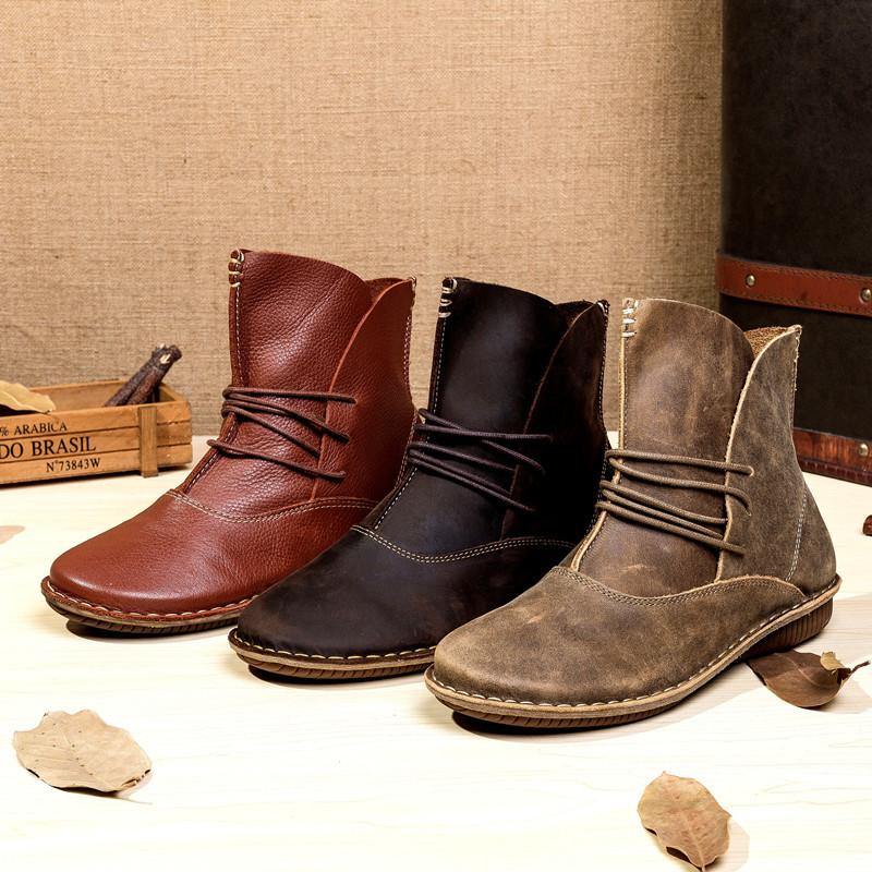 Women Cross Strap  Khaki Cowhide Leather Ankle Boots