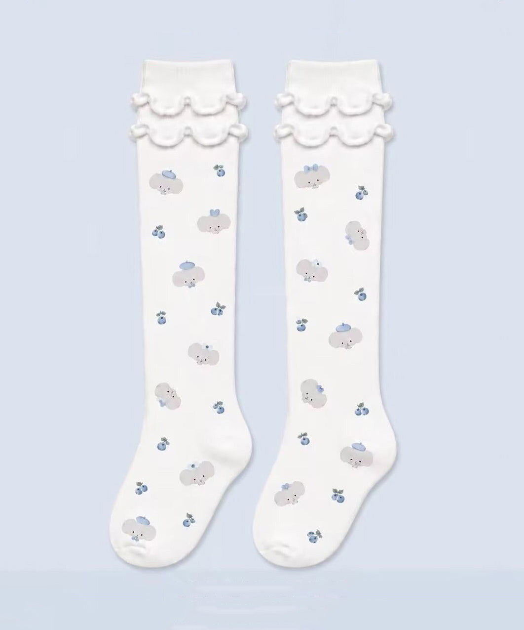 Women Cute Blue Ruffled Cartoon Over The Calf Socks