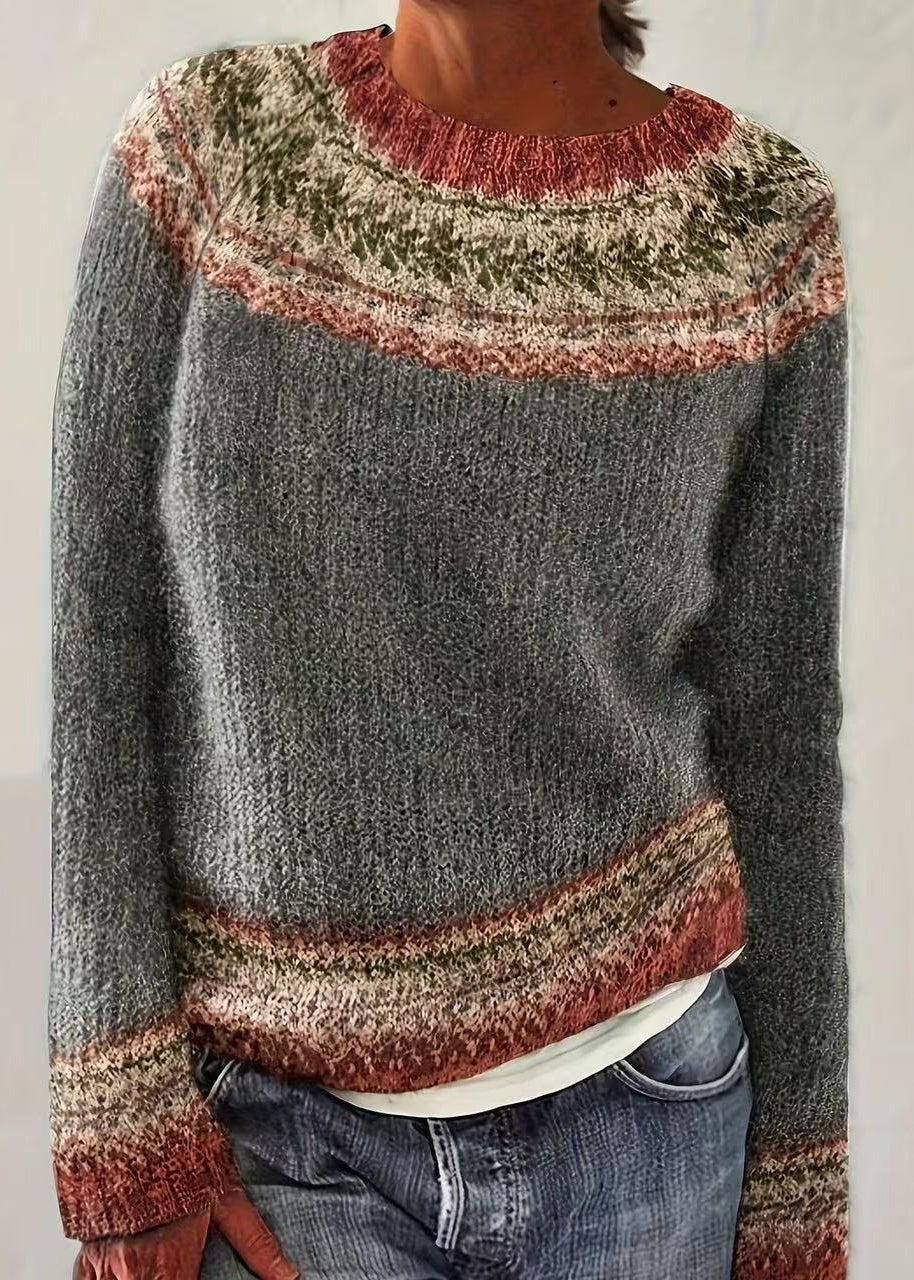 Women Dark Gray O-Neck Knit Sweater Fall
