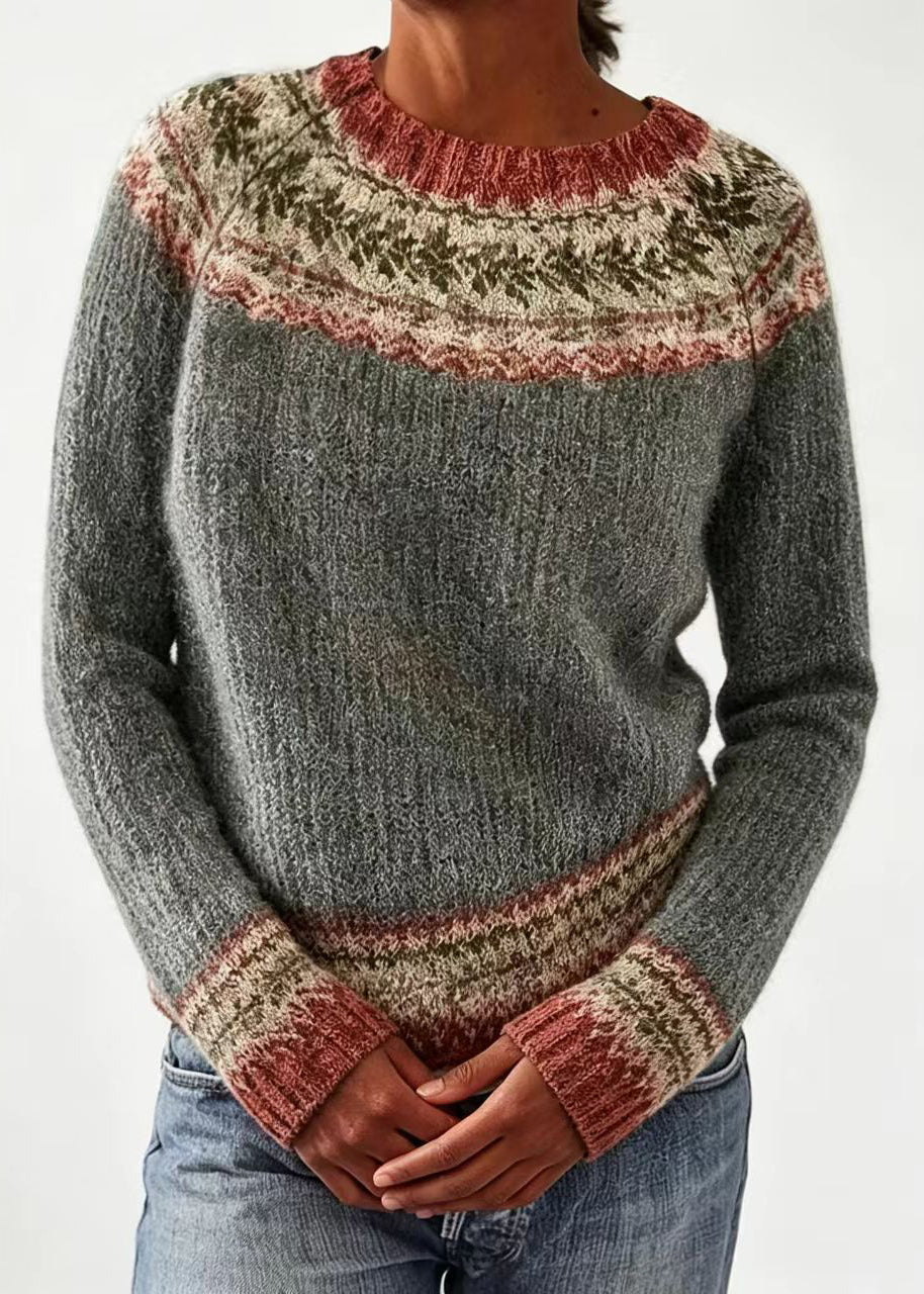 Women Dark Gray O-Neck Knit Sweater Fall