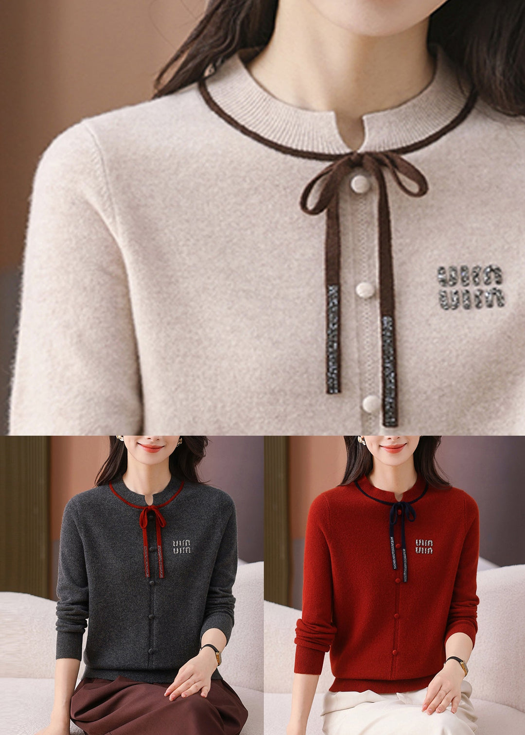 Women Dark Gray O Neck Lace Up Woolen Short Sweater Winter