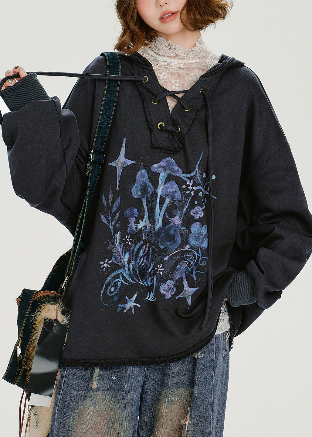 Women Dark Grey Hooded Print Cotton Pullover Sweatshirt Spring
