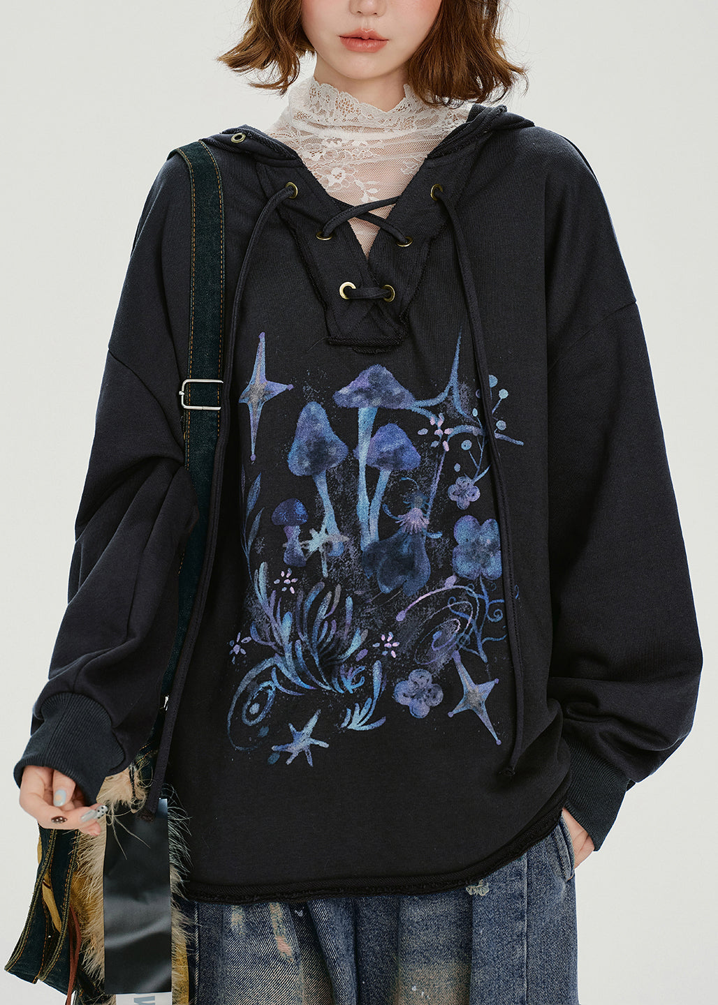 Women Dark Grey Hooded Print Cotton Pullover Sweatshirt Spring