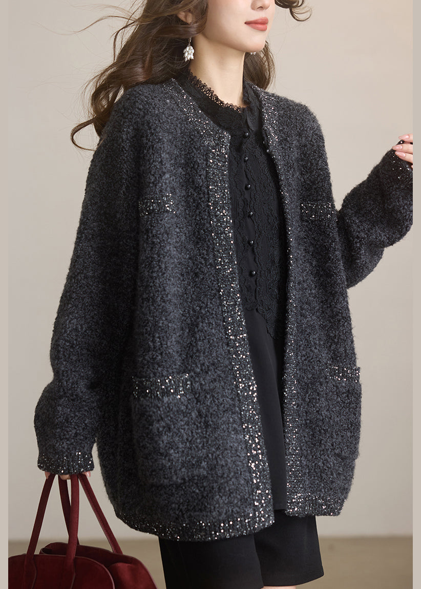 Women Dark Grey O Neck Sequins Woolen Cardigans Winter