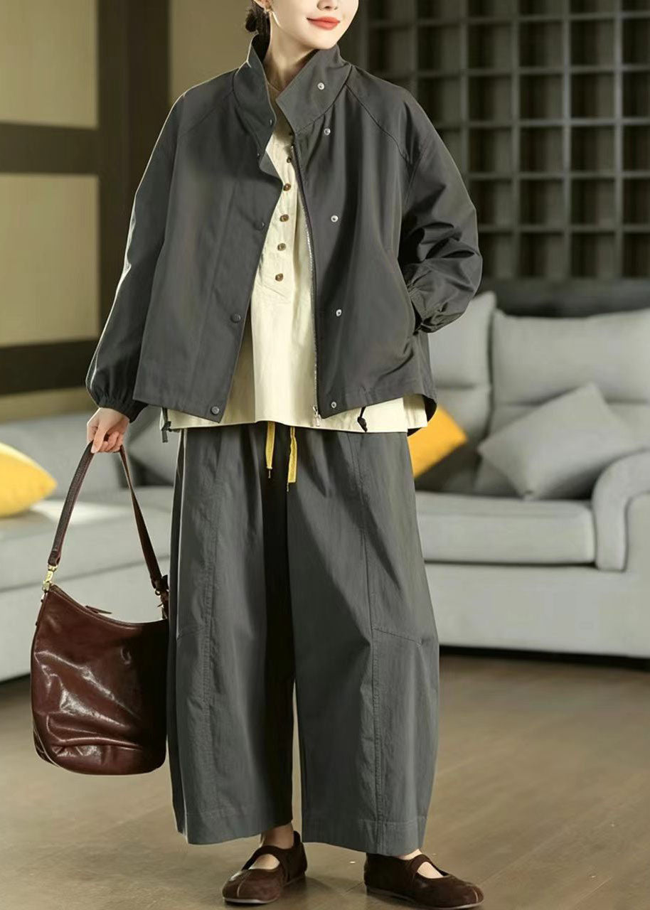 Women Dark Grey Oversized Pockets Cotton Trench Fall