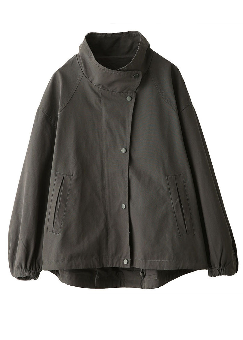 Women Dark Grey Oversized Pockets Cotton Trench Fall