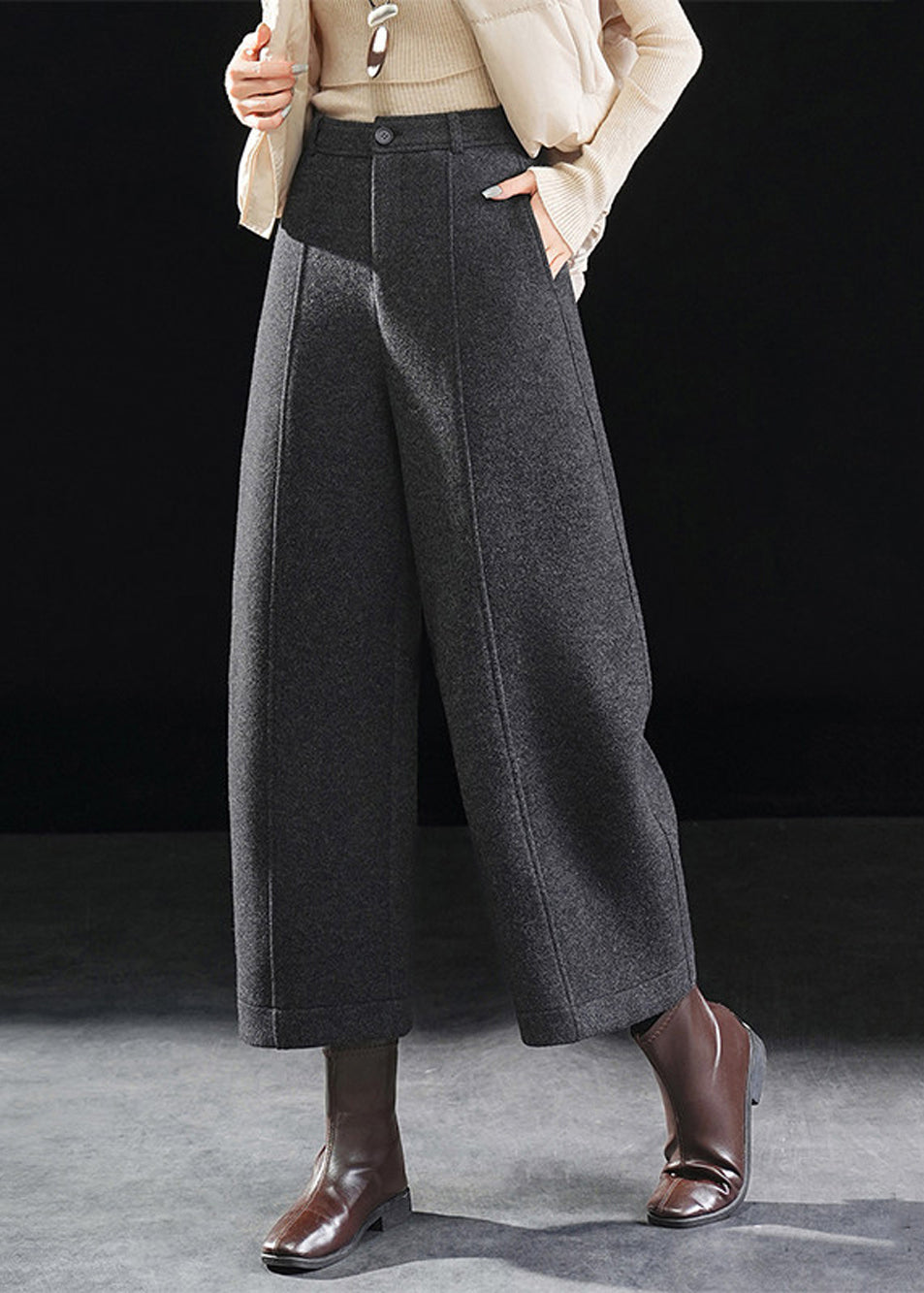Women Dark Grey Pockets Woolen Straight Crop Pants Fall