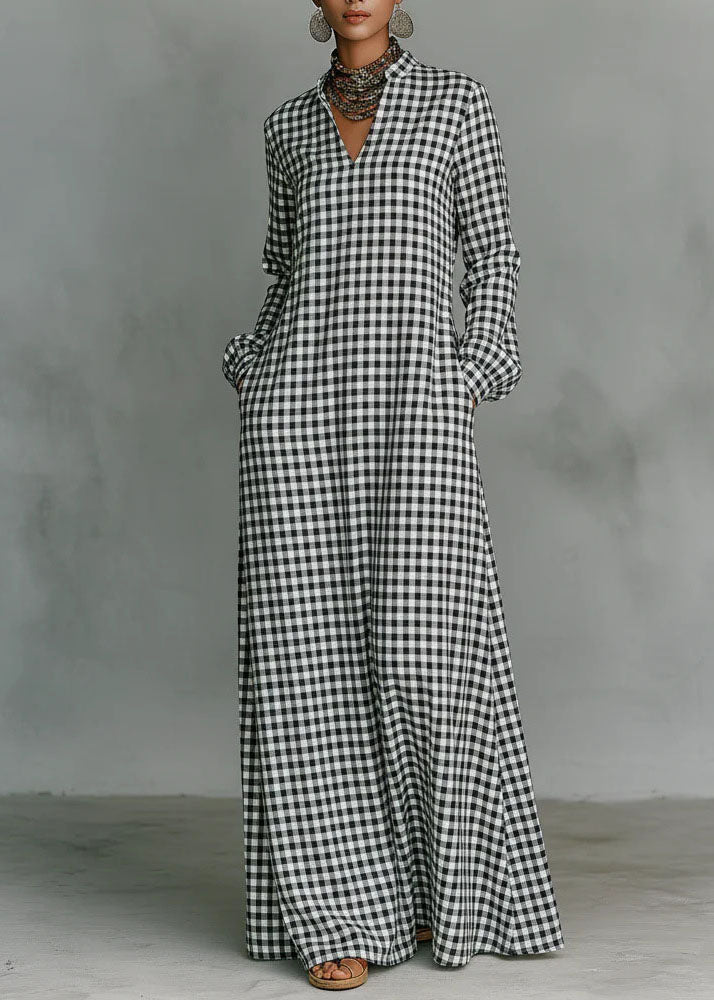 Women Dark Grey V Neck Plaid Pockets Cotton Long Dress Fall